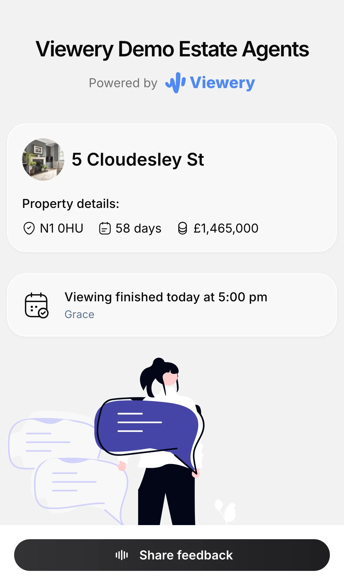 The buyer-facing feedback page on a phone: the property, the viewing that just finished, and a Share feedback button